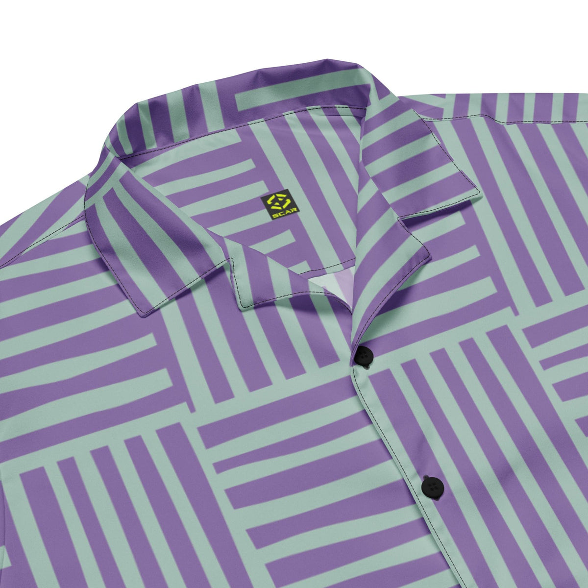 Purple and green striped short-sleeve shirt with point collar, buttons, and logo patch