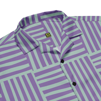Purple and green striped short-sleeve shirt with point collar, buttons, and logo patch