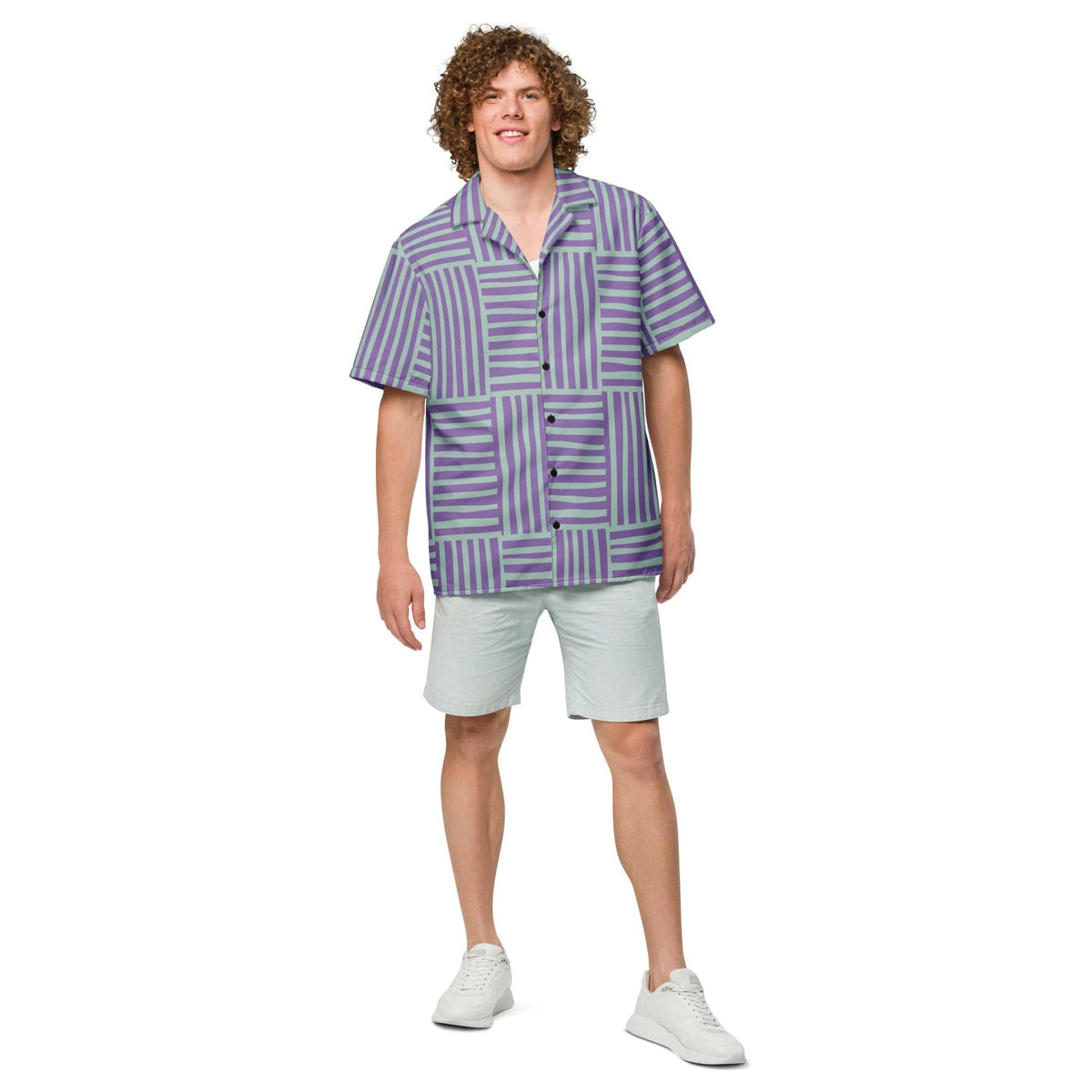 Short-sleeve button-up shirt with purple-and-green geometric stripe pattern