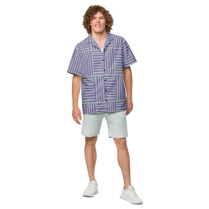 Short-sleeve button-up shirt with purple-and-green geometric stripe pattern