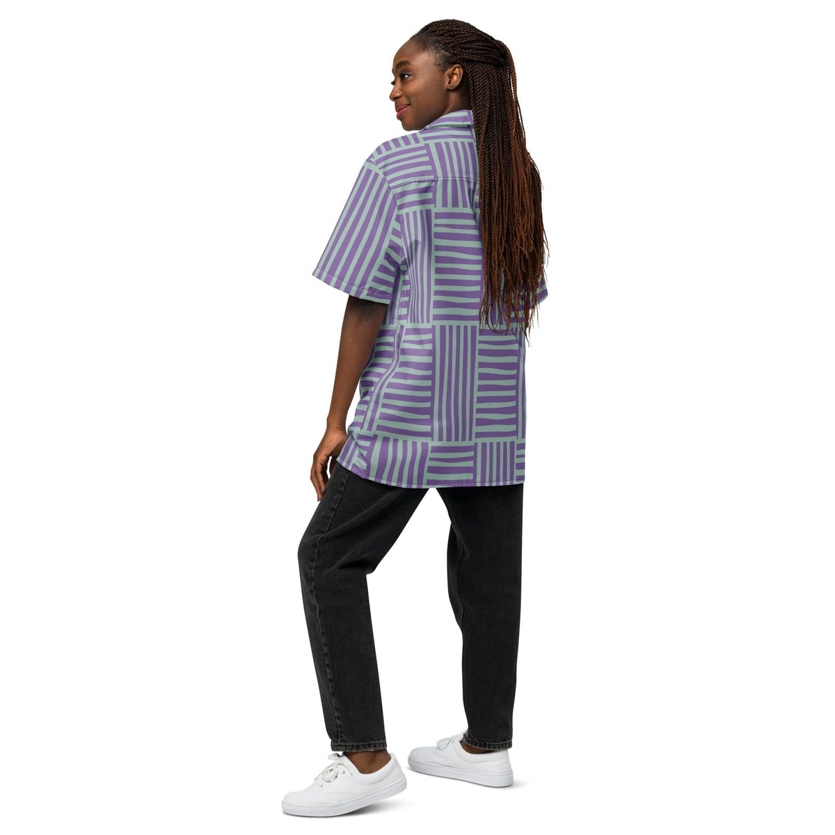 Back view of purple-and-green geometric stripe short-sleeve button-up shirt