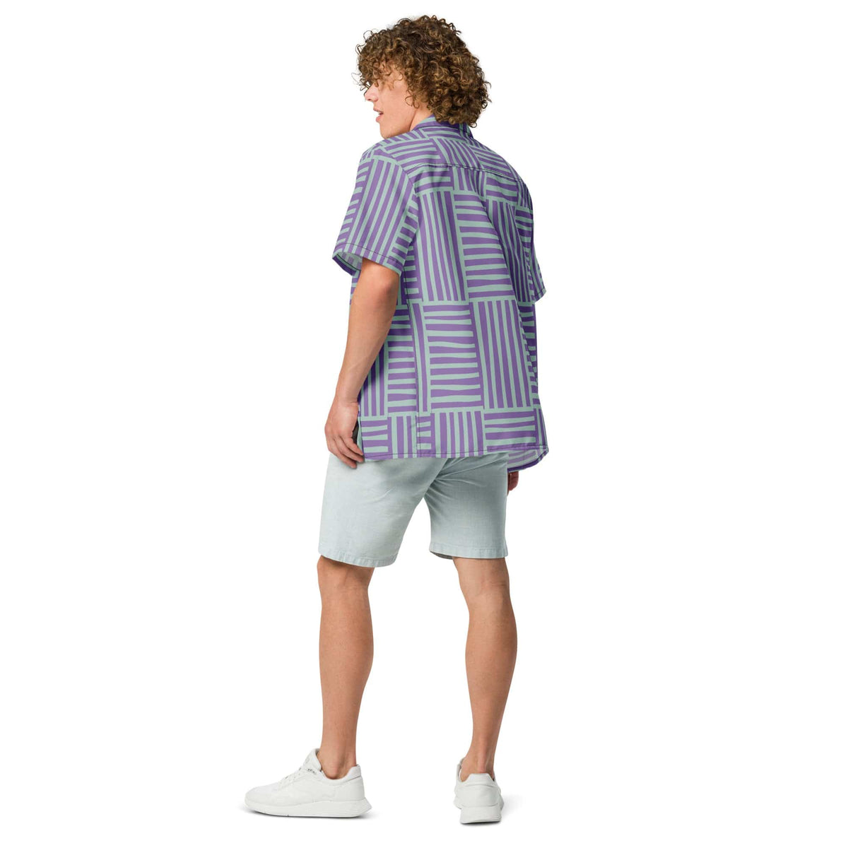 Back view of purple-and-green geometric stripe short-sleeve button-up shirt