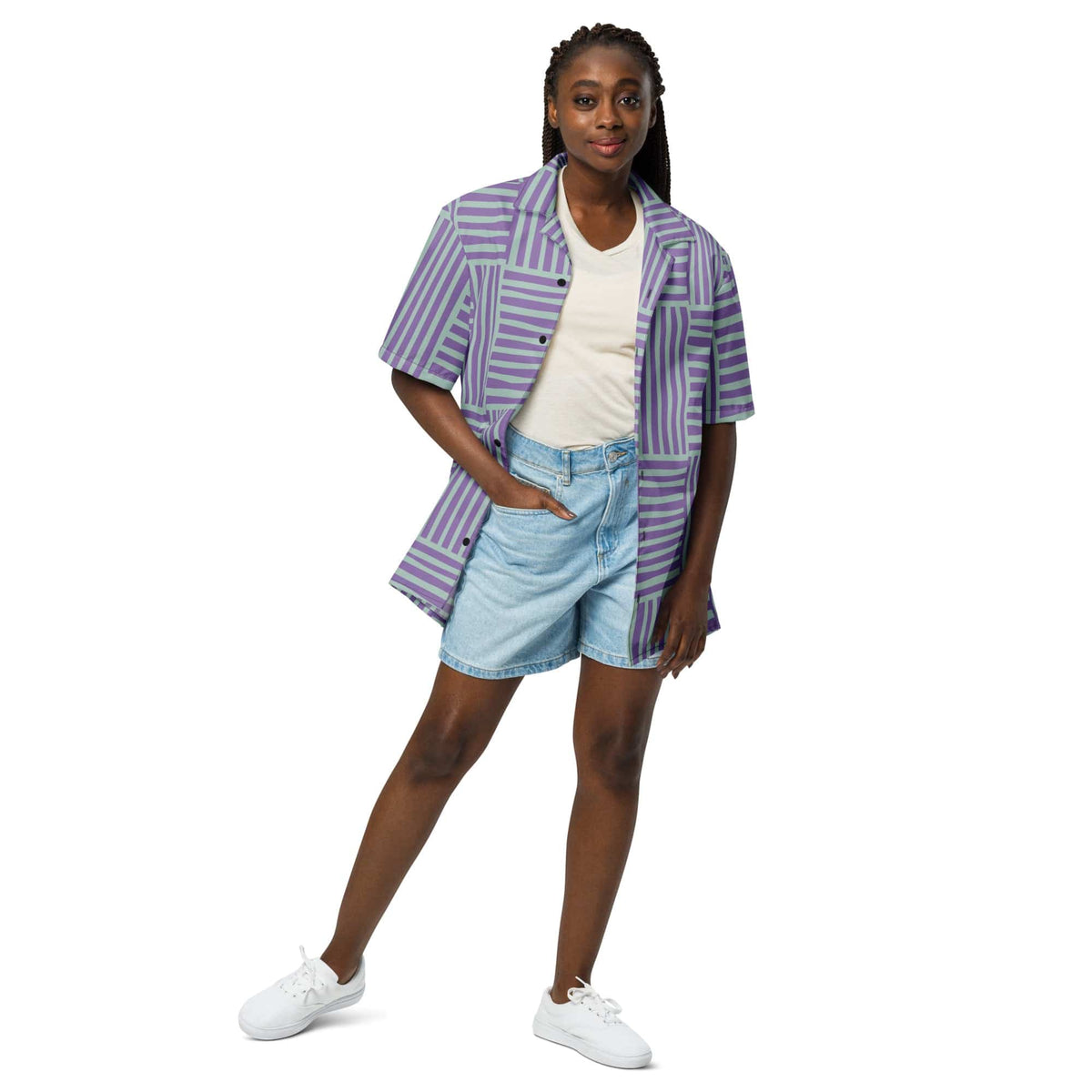 Purple-and-green geometric stripe short-sleeve button-up shirt with front button placket