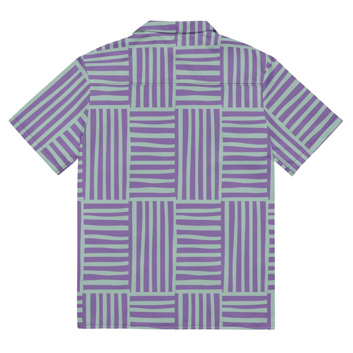 Unisex button-up shirt with purple and mint vertical stripe pattern, short sleeves