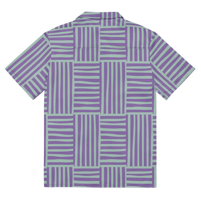 Unisex button-up shirt with purple and mint vertical stripe pattern, short sleeves