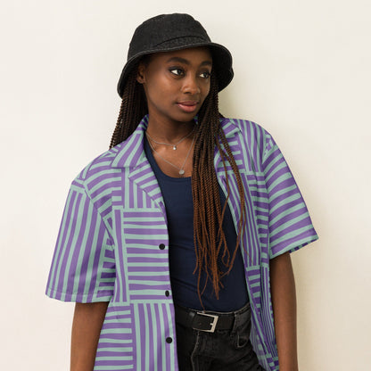 Purple-and-green geometric stripe short-sleeve button-up shirt with open point collar