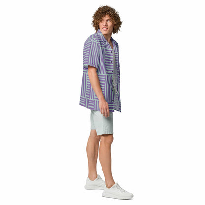 Purple-and-green geometric stripe short-sleeve button-up shirt with front buttons