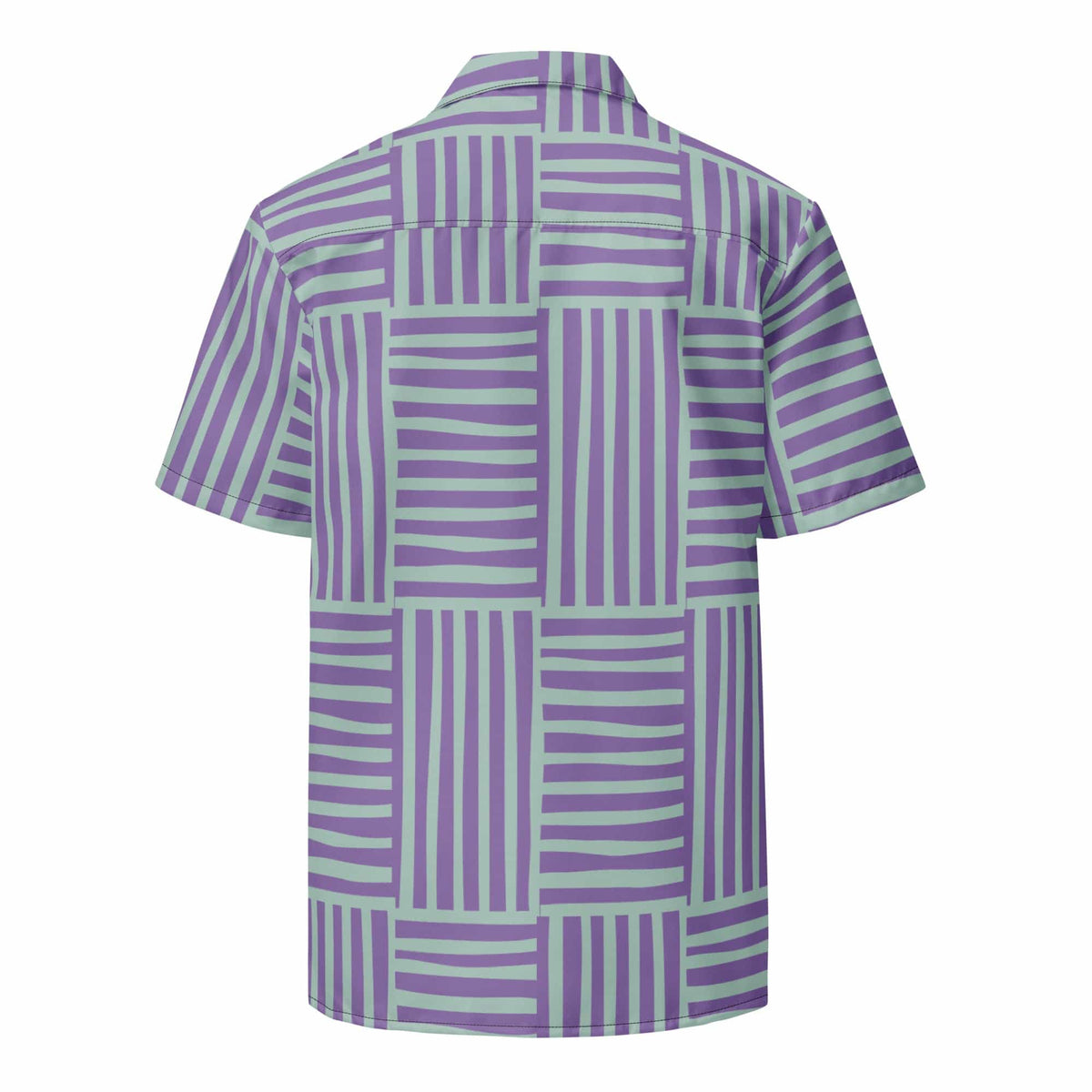 Unisex button-up shirt, back view, purple and mint stripe pattern, short sleeves