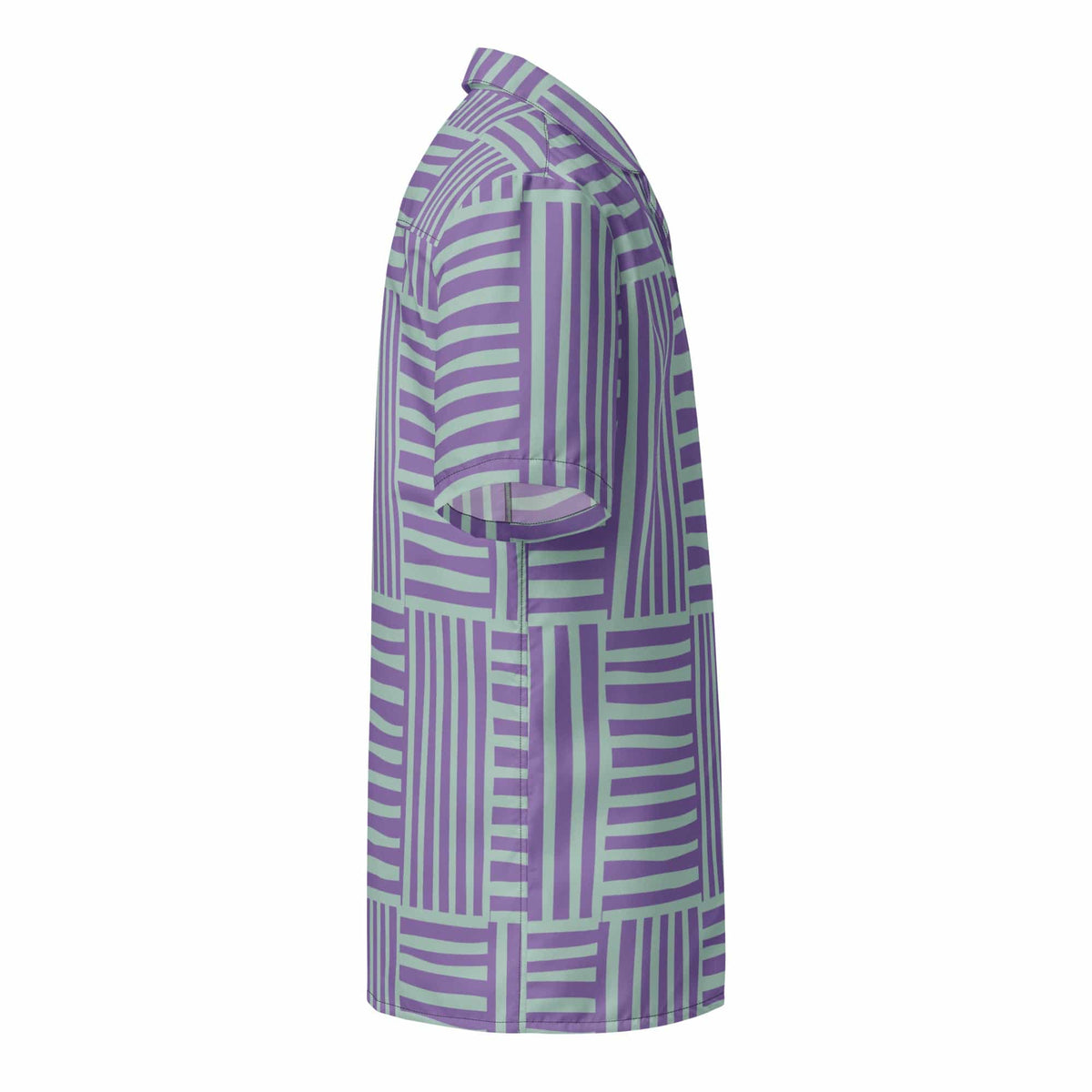 Unisex button-up shirt side view with purple and mint abstract stripe pattern