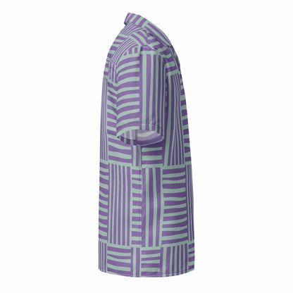Unisex button-up shirt side view with purple and mint abstract stripe pattern