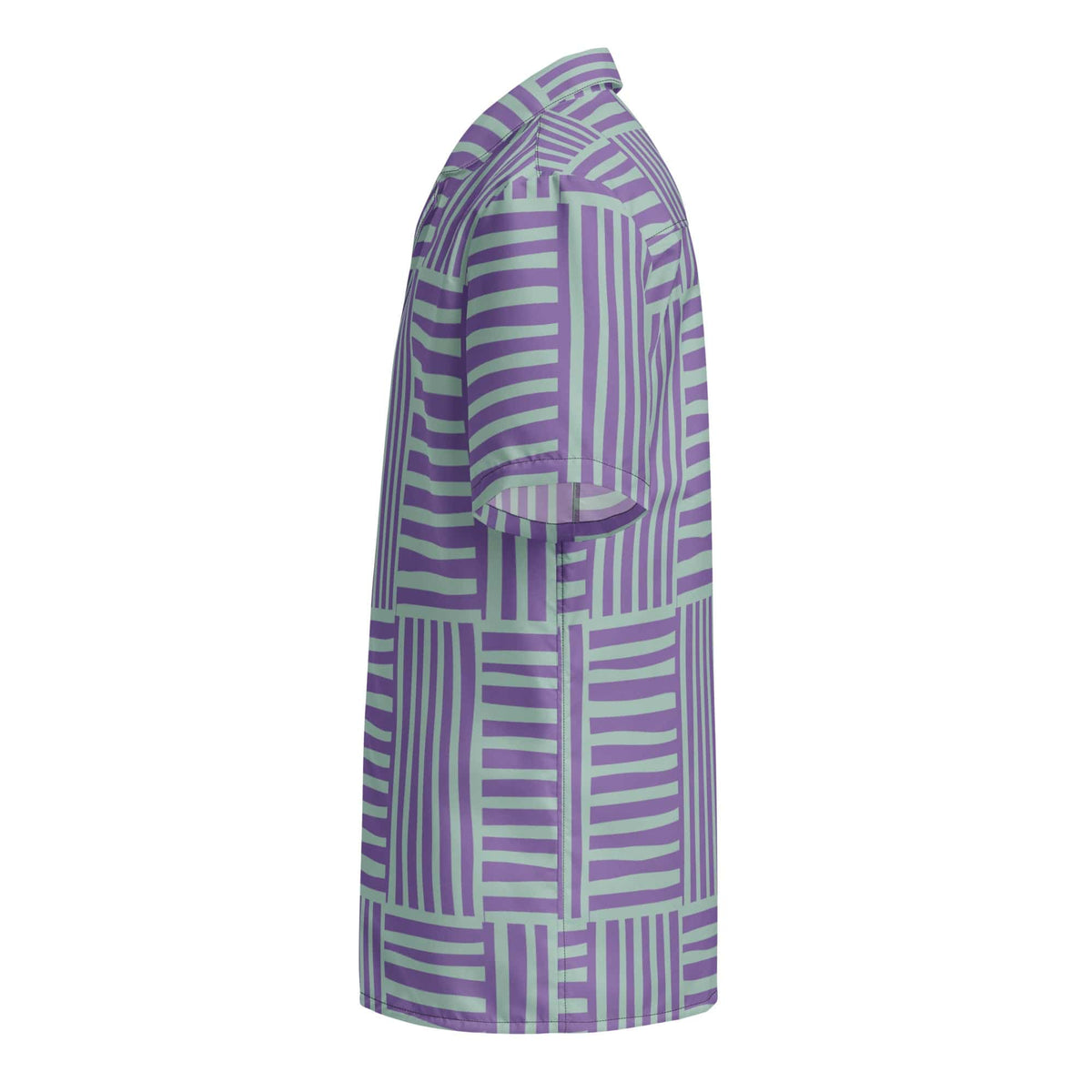 Unisex button-up shirt side view with purple and mint striped panels, short sleeves