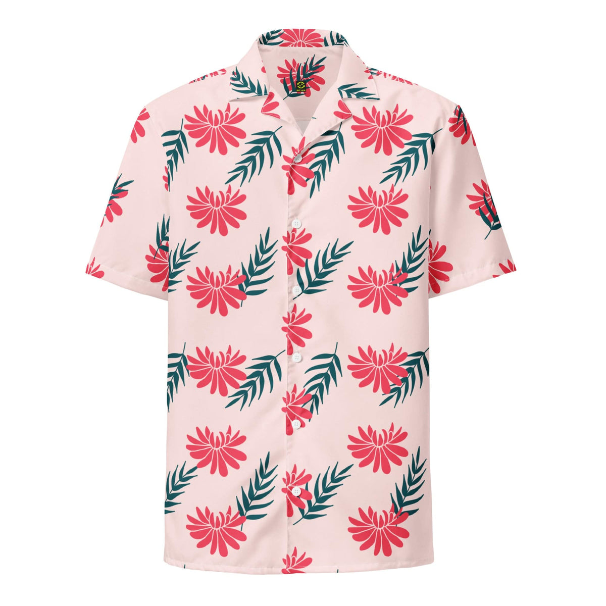 Pink short-sleeve button-up shirt with red tropical flowers and green leaf print.