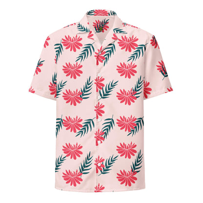 Pink short-sleeve button-up shirt with red tropical flowers and green leaf print.