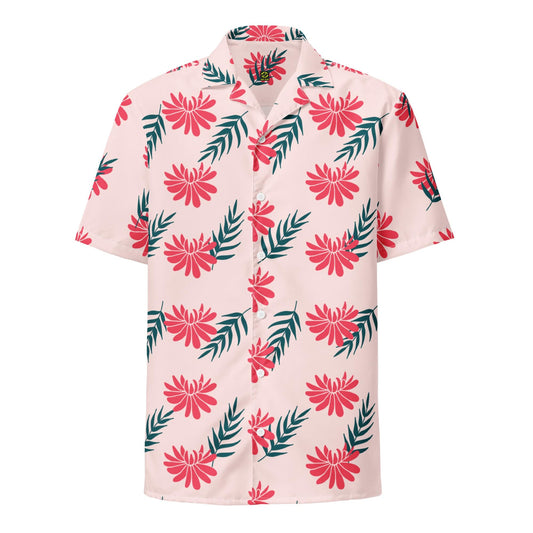 Pink short-sleeve button-up shirt with red tropical flowers and green leaf print.
