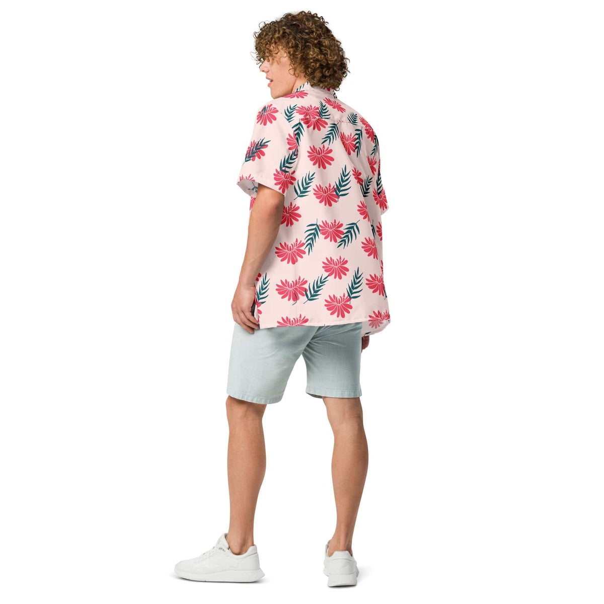 Pink short-sleeve button-front shirt with red flower and green leaf tropical print.