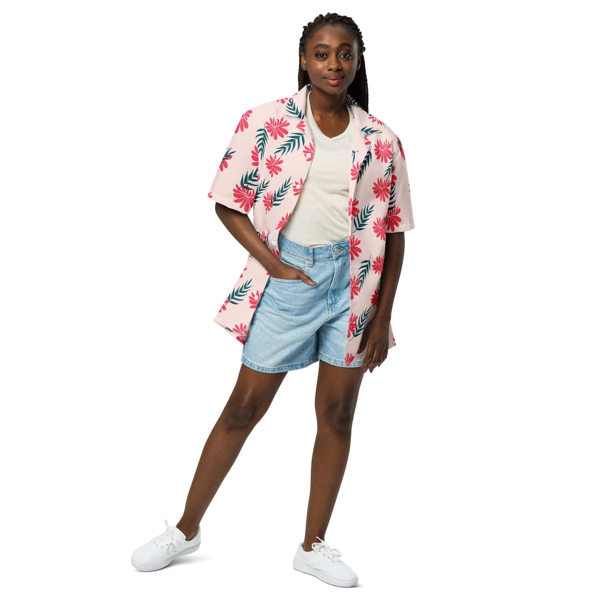 Pink tropical flowers short-sleeve button-up shirt with red blooms and green foliage.