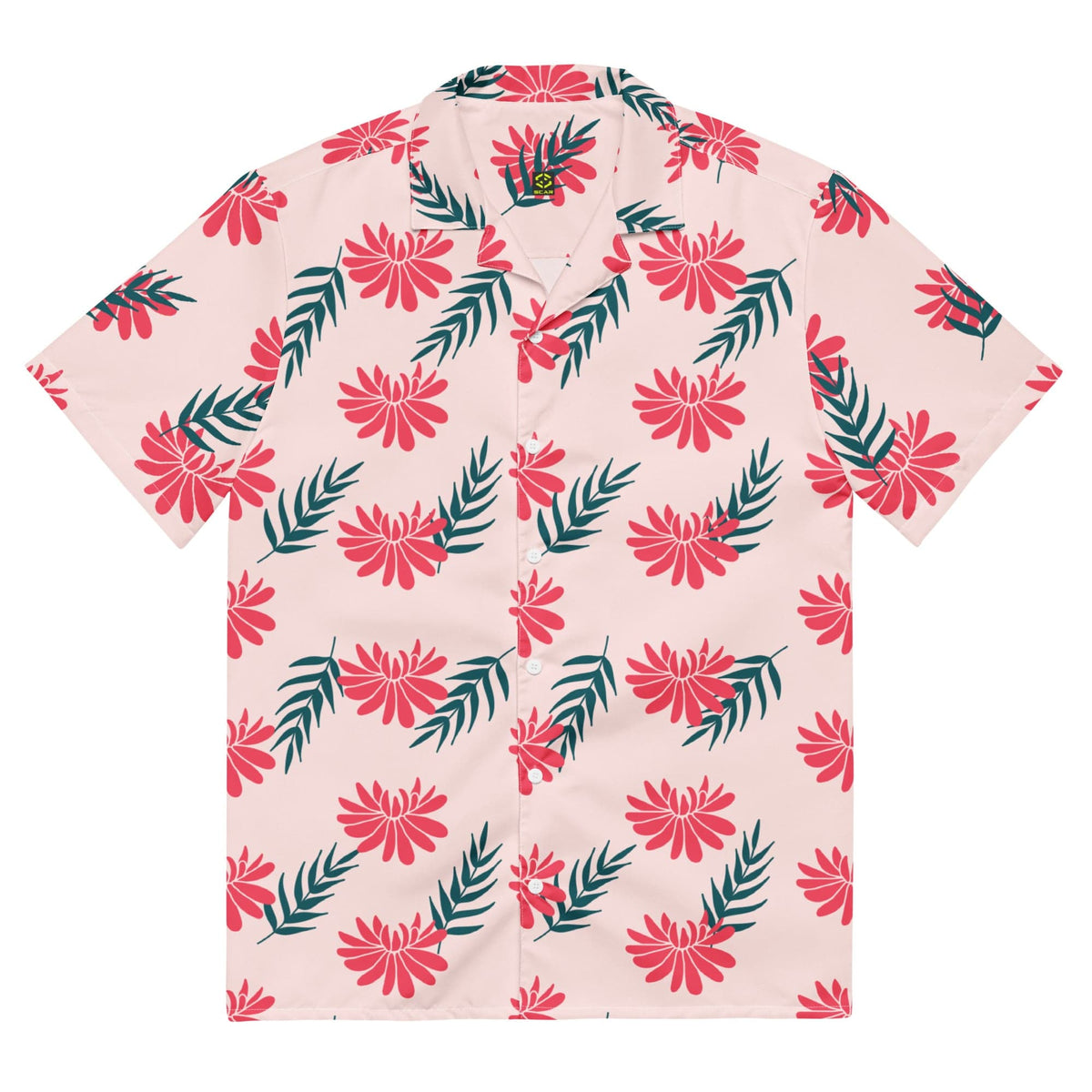 Pink short-sleeve button-up shirt featuring red tropical flowers and green leaf print.