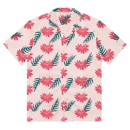 Pink short-sleeve button-up shirt featuring red tropical flowers and green leaf print.