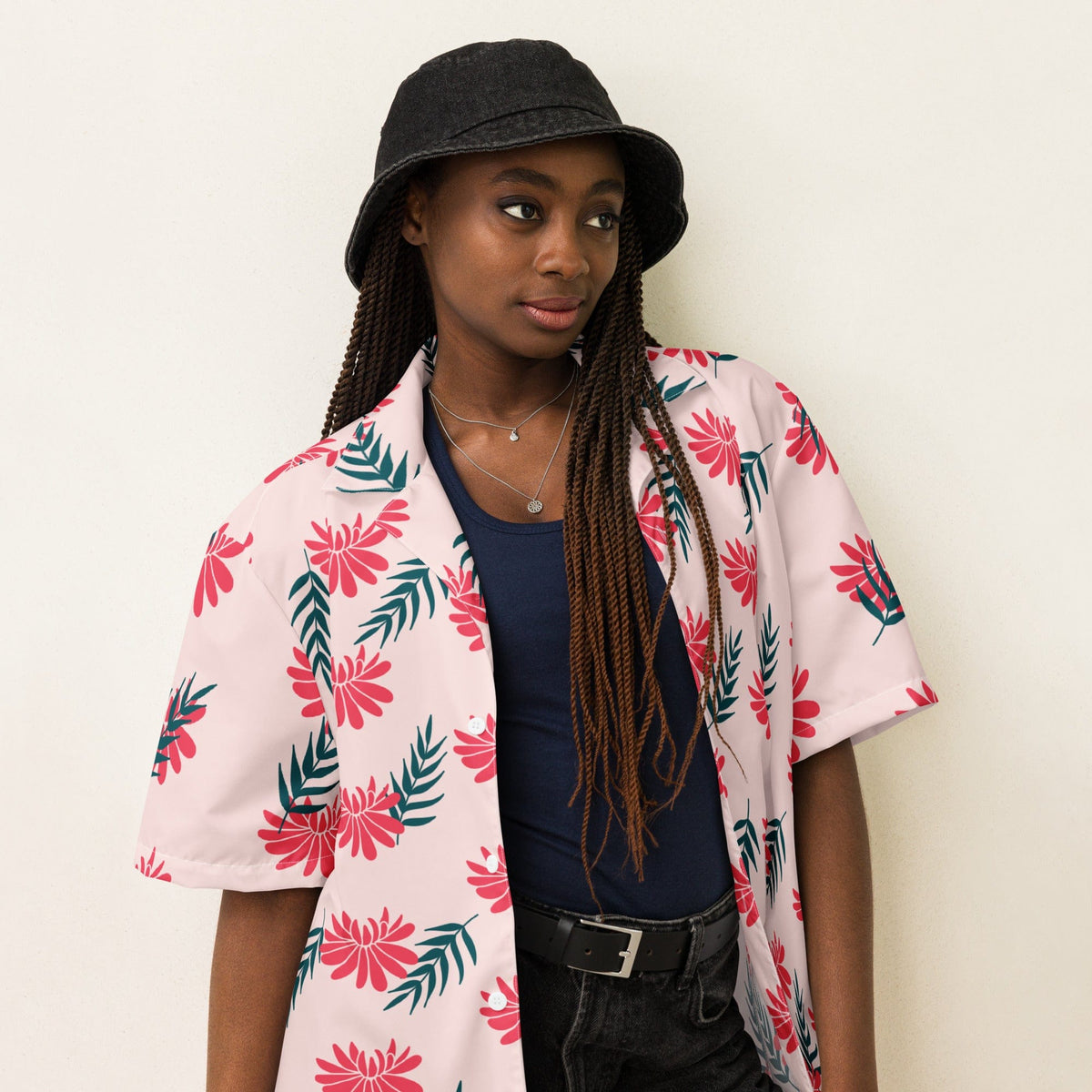 Light pink floral short-sleeve shirt with red and teal tropical flower print