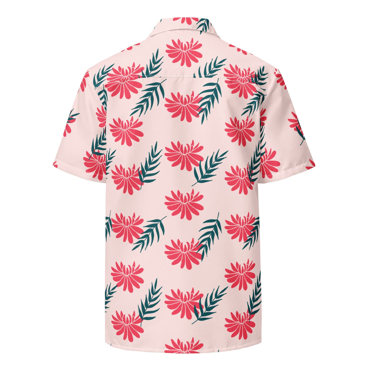 Light pink floral short-sleeve shirt, back view, red and teal tropical print