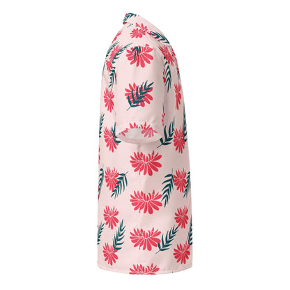 Light pink tropical floral short-sleeve shirt, side view, red and teal blossoms