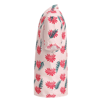 Light pink tropical floral short-sleeve shirt, angled side, red and teal leaf print
