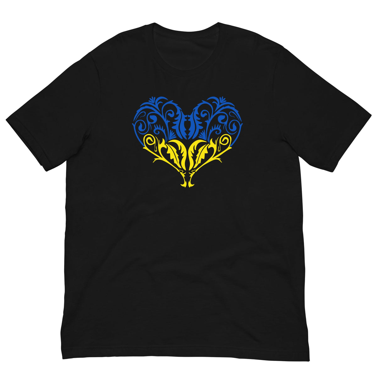 Black crew-neck T-shirt with blue-yellow heart emblem graphic on chest