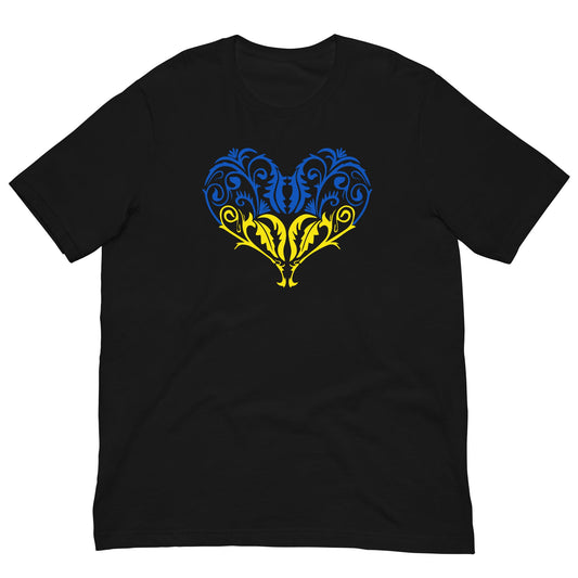 Black crew-neck T-shirt with blue-yellow heart emblem graphic on chest