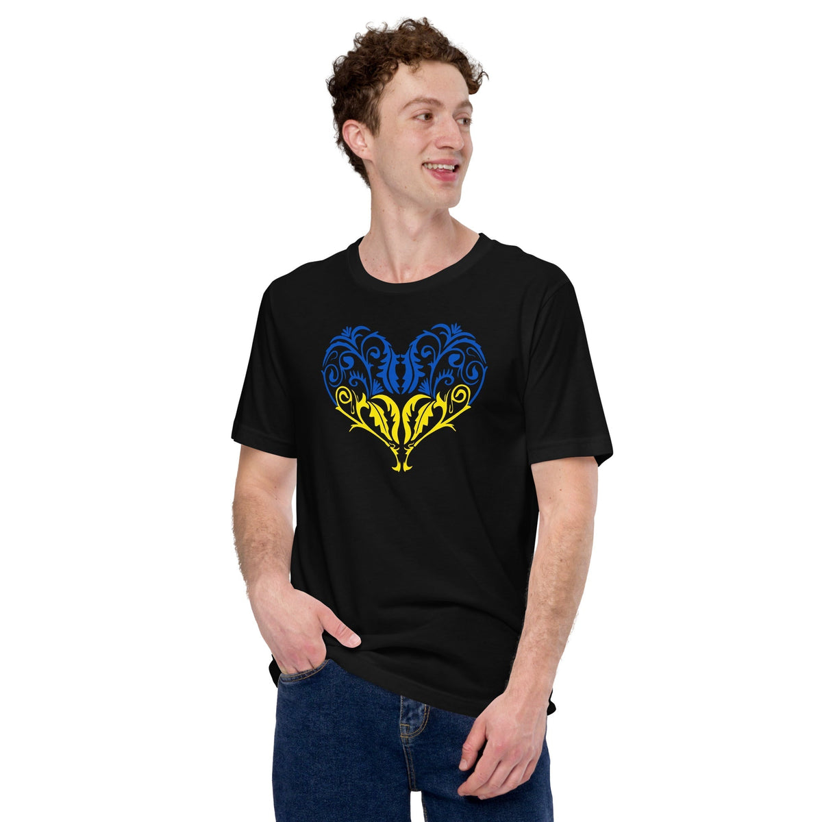 Black crew-neck T-shirt with blue-yellow heart emblem graphic on chest