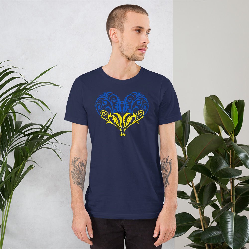 Navy crew-neck T-shirt with blue-yellow heart emblem graphic on chest
