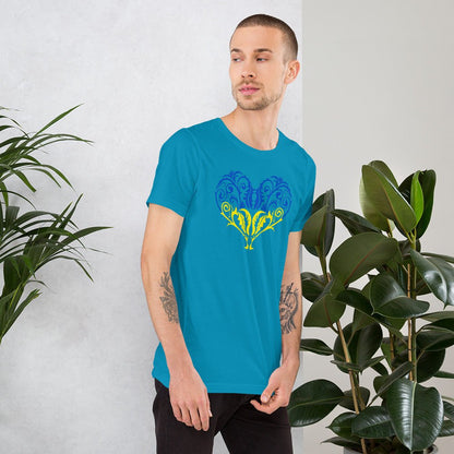 Aqua crew-neck T-shirt with blue-yellow heart emblem graphic on chest