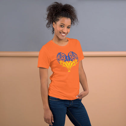 Orange crew-neck T-shirt with blue-yellow heart emblem graphic on chest