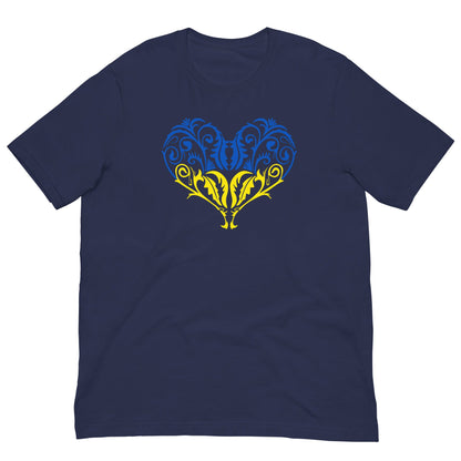 Navy crew-neck T-shirt with blue-yellow heart emblem graphic on chest