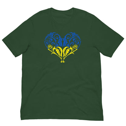 Forest green crew-neck T-shirt with blue-yellow heart emblem graphic on chest