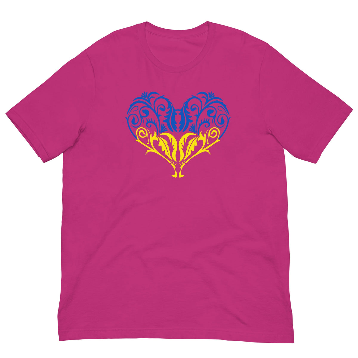 Berry purple T-shirt with blue and yellow ornate heart graphic at center