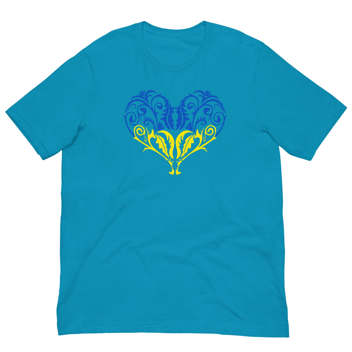 Aqua T-shirt with blue and yellow ornate heart graphic on the front