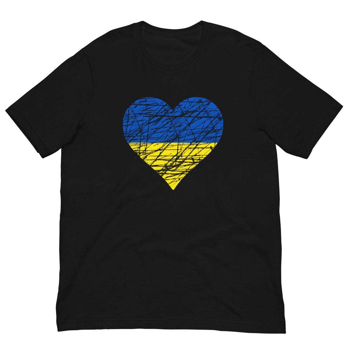 Black T-shirt with heart graphic in blue and yellow across the chest