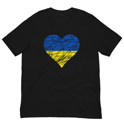 Black T-shirt with heart graphic in blue and yellow across the chest