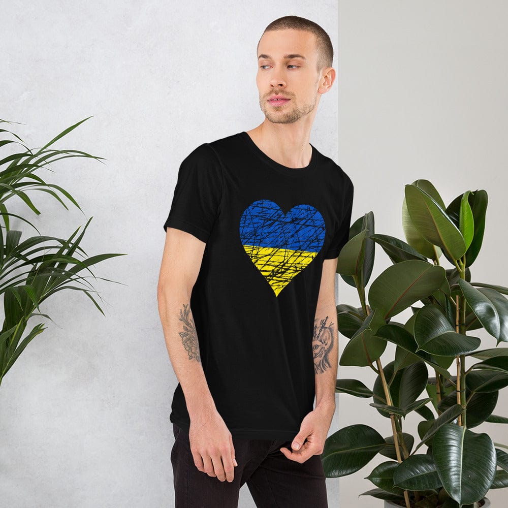 Black T-shirt with heart graphic in blue and yellow at the chest