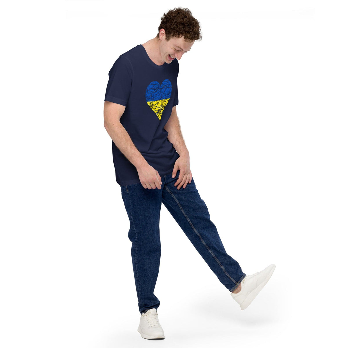 Navy T-shirt with heart graphic in blue and yellow on the chest