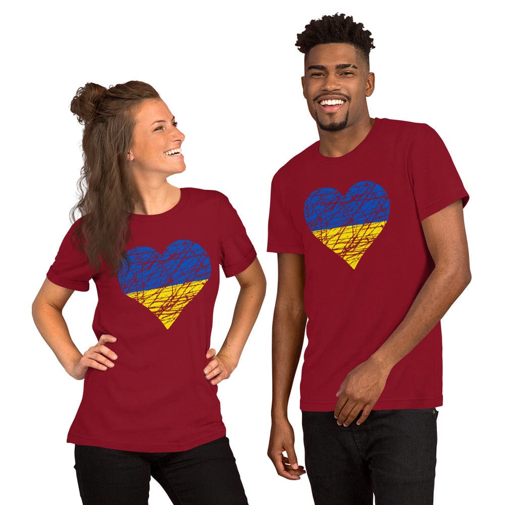Red T-shirt with heart graphic in blue and yellow on the chest