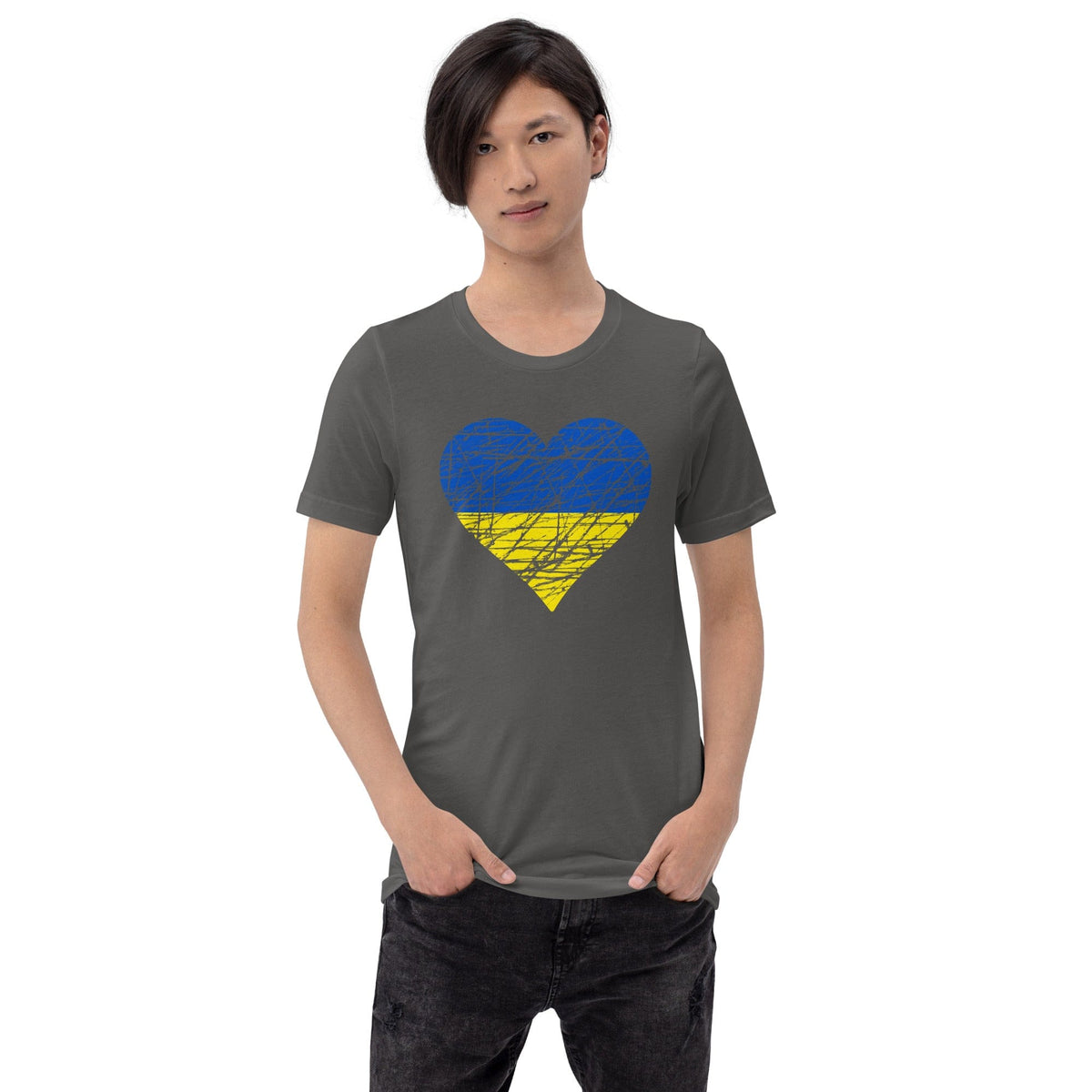 Dark gray heather T-shirt with heart graphic in blue and yellow on the chest