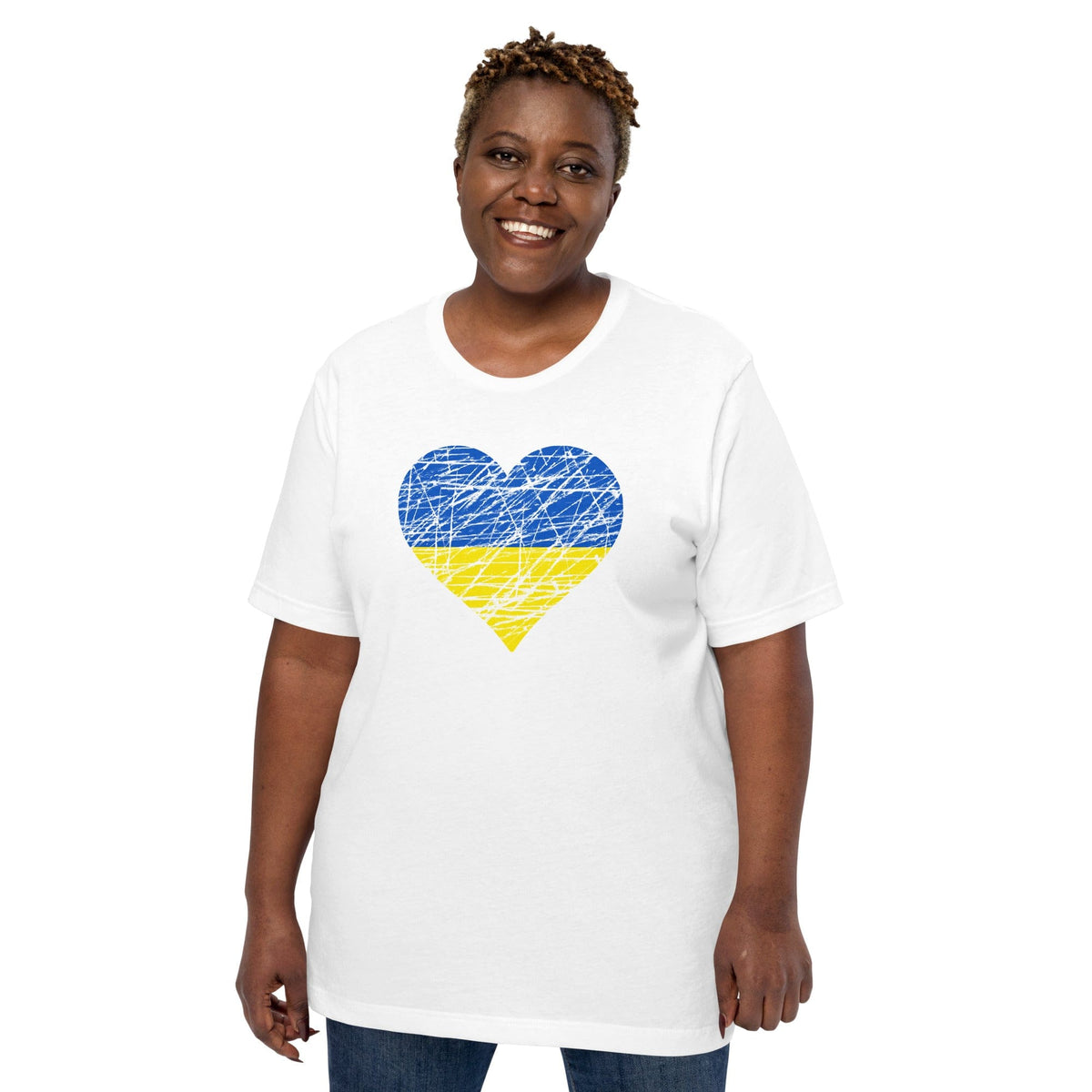 White T-shirt with heart graphic in blue and yellow at center chest