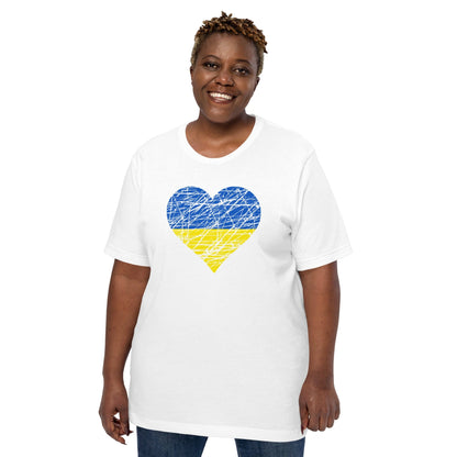 White T-shirt with heart graphic in blue and yellow at center chest