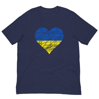 Navy T-shirt with blue-yellow heart flag graphic centered on front