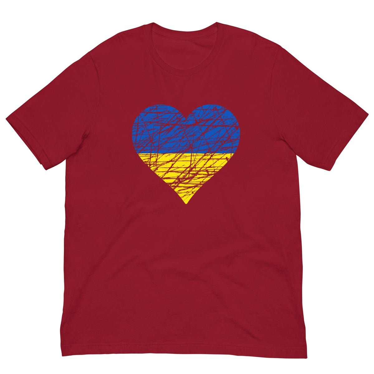 Cardinal red T-shirt with blue-yellow heart flag graphic on front