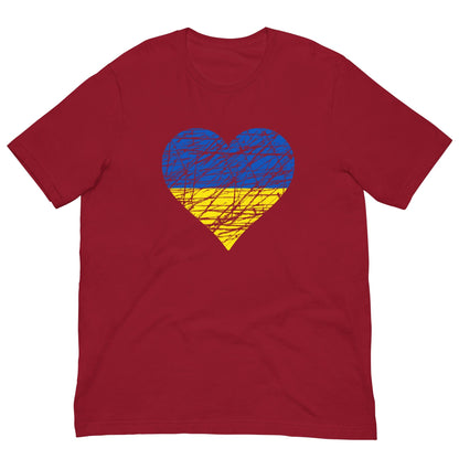 Cardinal red T-shirt with blue-yellow heart flag graphic on front