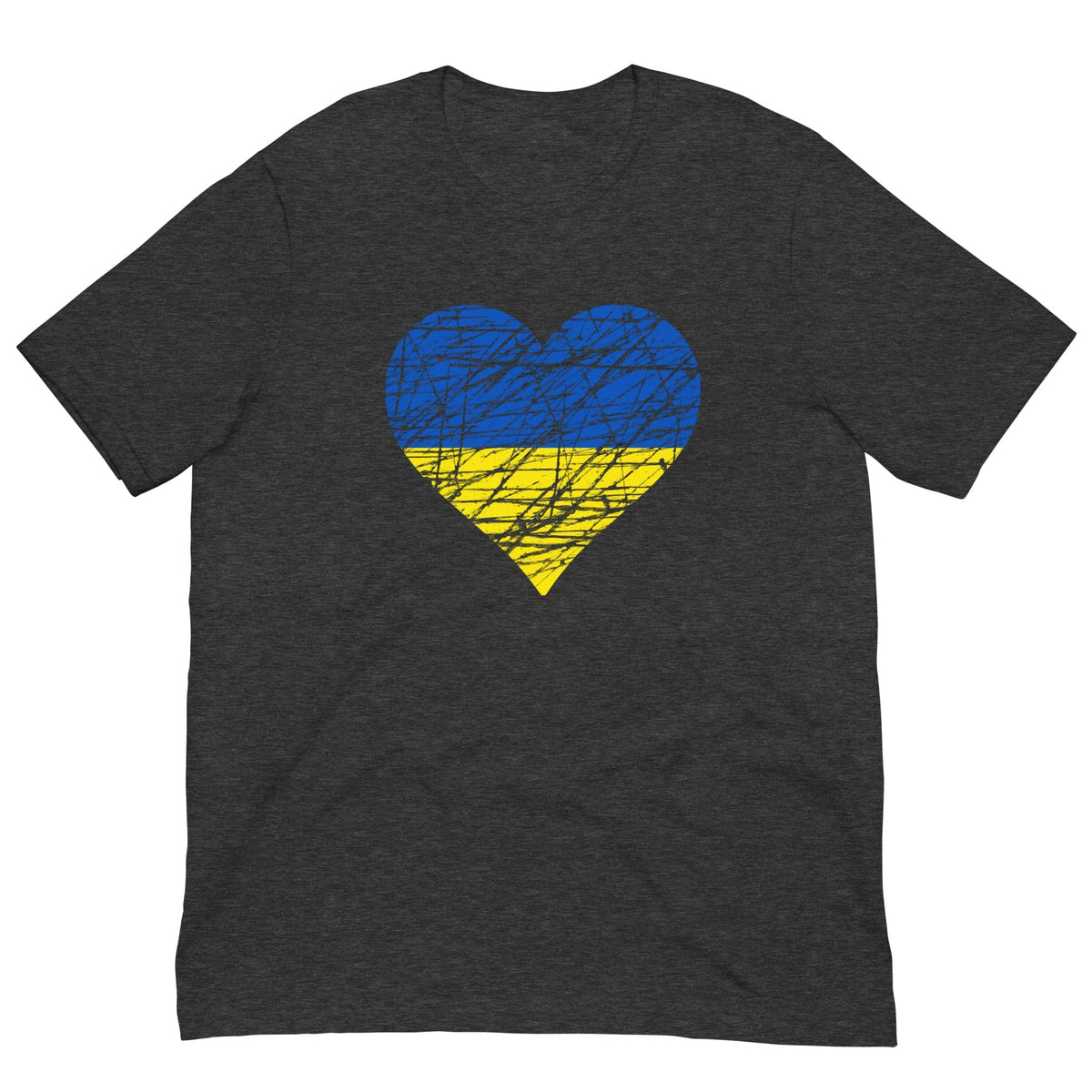 Dark grey heather T-shirt with blue-yellow heart flag graphic on front
