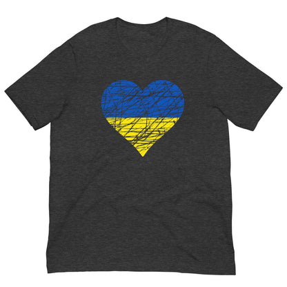 Dark grey heather T-shirt with blue-yellow heart flag graphic on front