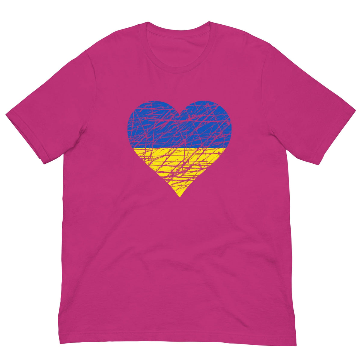 Berry pink T-shirt with blue-yellow heart flag graphic on front